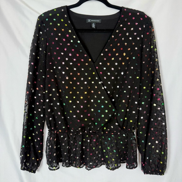 INC Black Long Sleeve Wrap Blouse With Colorful Polka Dots. Size Medium.  NWOT. - Picture 1 of 10